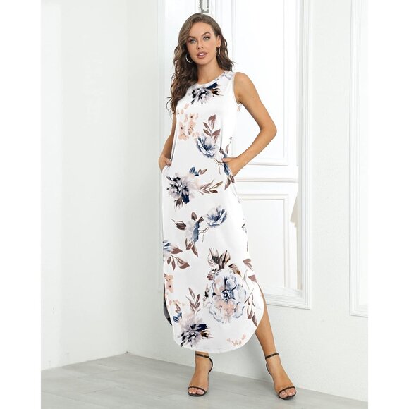 🆕 Women's White Floral Sleeveless Maxi Dress Polyester Casual Sundress - Picture 2 of 6